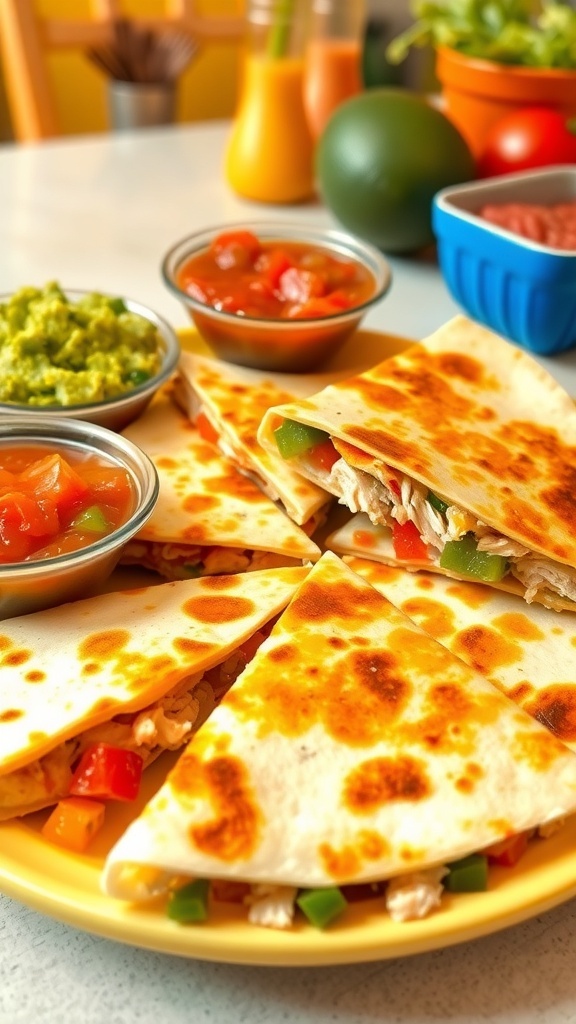 Kid-friendly quesadillas with cheese and vegetables, served with salsa and guacamole on a colorful plate.